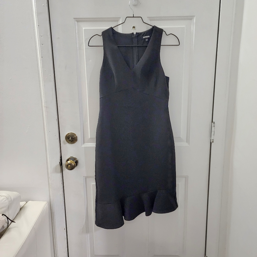 Express V Neck Black Midi Dress with Flared Hem